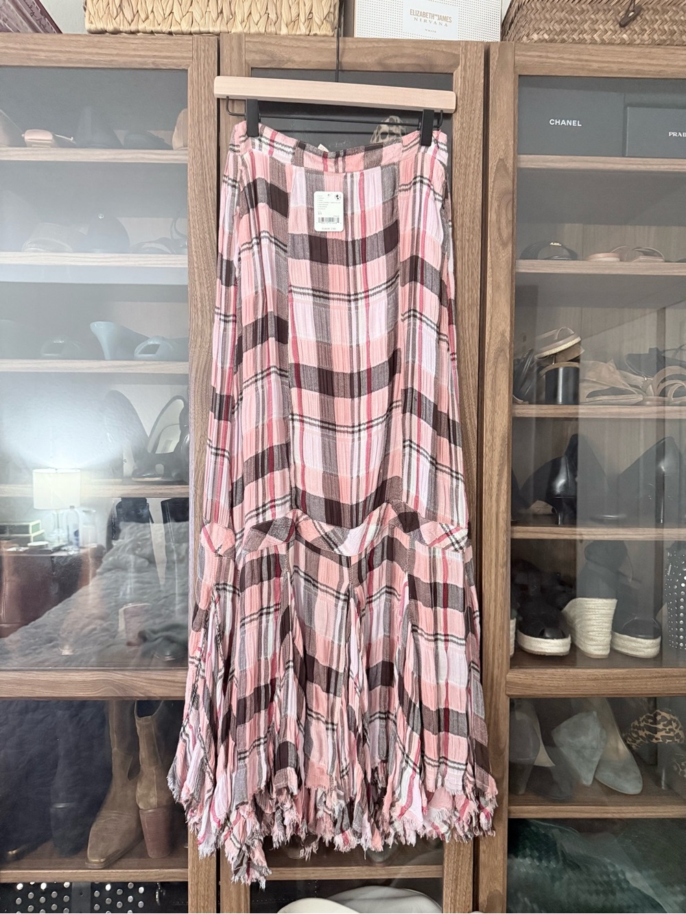 Free People Pink and Brown Plaid Maxi Skirt